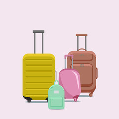 Travel suitcases and backpack flat illustration with clouds on the background. Concept vacation holiday, traveler luggage, baggage.