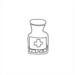 Vector hand drawn pill bottle illustration. Doodle first medicine aid icon isolated on white background
