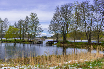 Delta of Dalalven river in southern norrland. Spring in Sweden. Scandinavian landscape.