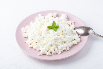 Cottage cheese in a pink plate isolated on a white background.
