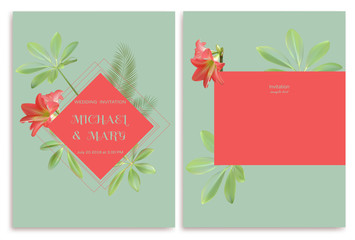 Flowers. Pink lilies. Palm leaves. Tropical background. Green. Red. Wedding invitation.
