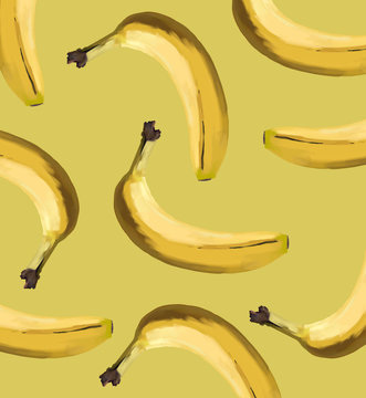 Banana pattern isolated on green background. Summer fruit.
