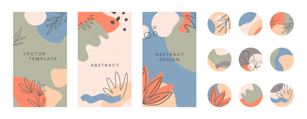 Fototapeta na wymiar Bundle of editable insta story templates and highlights covers.Vector layouts with hand drawn organic shapes and textures.Abstract backgrounds.Trendy design for social media marketing.Social media kit