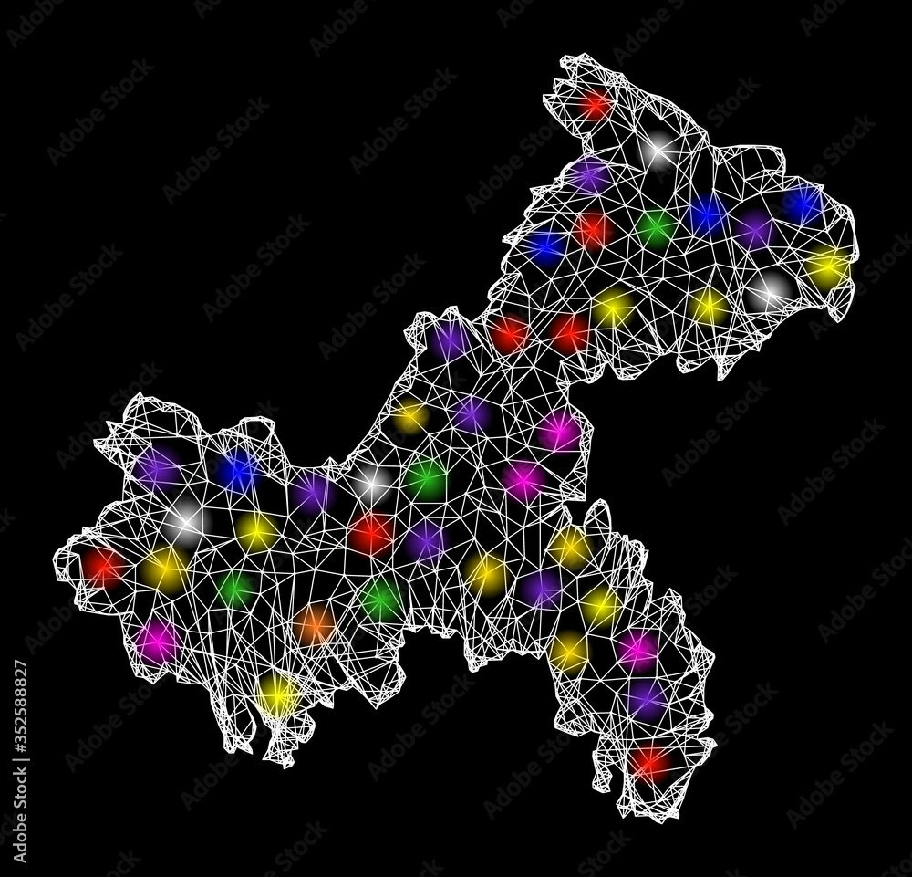 Poster web mesh vector map of chongqing municipality with glare effect on a black background. abstract line