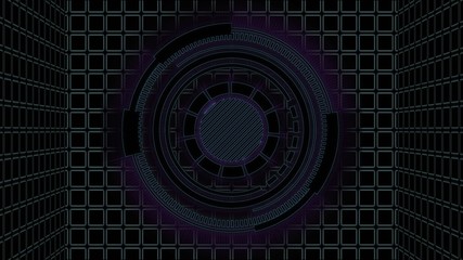 elements of electronic parts close-up with bright purple and pink glow. virtual round backlit part.
hud elements. virtual space.