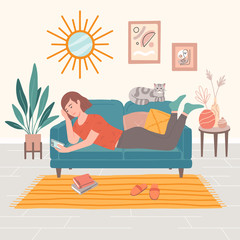 Obraz na płótnie Canvas Young woman lying on sofa and surfing internet.Girl spending time at home,chatting in social network or messenger.Stay home concept.Cat sleeping on sofa.Flat cartoon vector illustration.