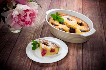 sweet homemade casserole with fruits inside in a plate