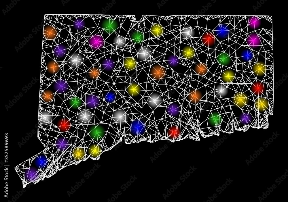 Poster web mesh vector map of connecticut state with glare effect on a black background. abstract lines, li