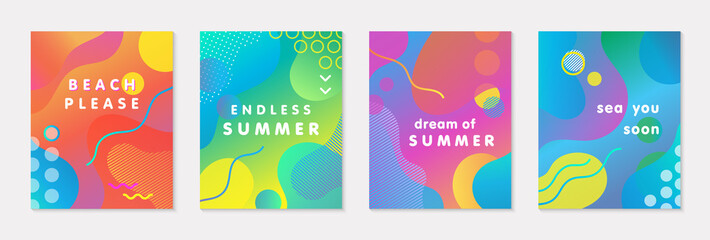 Bundle of modern vector summer posters with bright gradient background,shapes and geometric elements.Trendy abstract design perfect for prints,social media,banners,invitations,branding design,covers