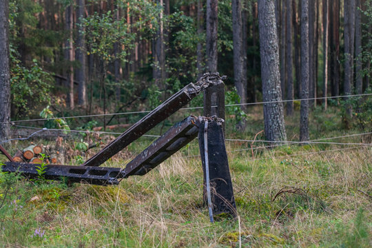 Broken, damaged high voltage poles after a storm, gale, heavy rain. Denger for life.
