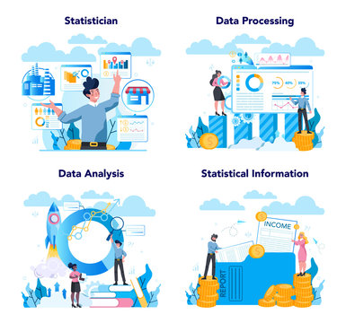 Statistician and statistic concept set. Specialist working with data