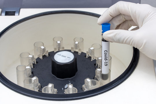 Research of virus in centrifuge machine at the lab. Hand in glove holding a test tube with the inscription covid-19. Control of sample with blood in a laboratory.