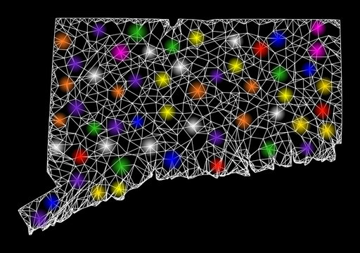 Web mesh vector map of Connecticut State with glare effect on a black background. Abstract lines, light spots and spheric points form map of Connecticut State constellation.
