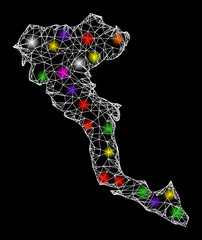 Web mesh vector map of Corfu Island with glare effect on a black background. Abstract lines, light spots and circle dots form map of Corfu Island constellation.