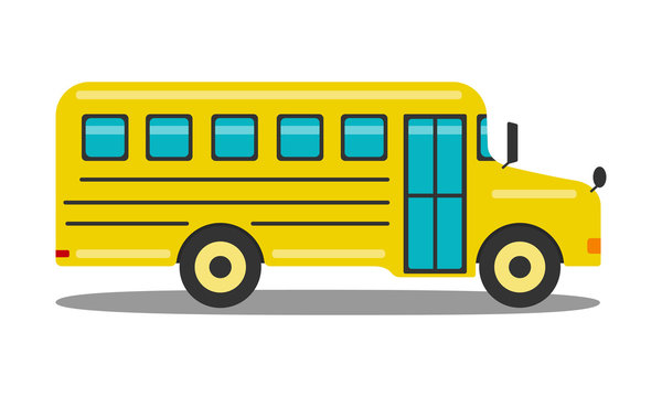 Classic yellow school bus isolated on white background. Flat vector illustration. Vehicle side view. School related transportaion item. Back to school theme element
