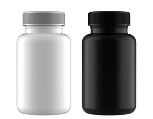 A Set of White and Black Pastic Bottles for Pills Packing for Accurate Work with Light and Shadows. 3D Render Isolated on White Background.