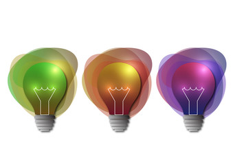 Set of colored light bulbs, liquid forms. Idea concept icon isolated on a white background. Symbol of energy and ideas. Bright creative design. Vector