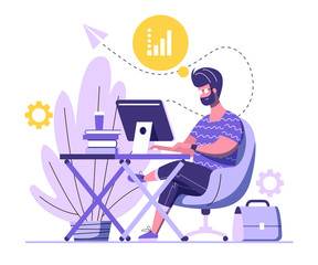 Handsome man is working on computer. A man is sitting on an armchair behind the office Desk with books and a cup of coffee and working at his computer. Working process flat design. Vector Illustration