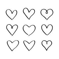 A large set of hand-drawn hand-drawn hearts. sketch of nine hearts for the day of St. Valentine.