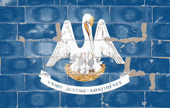 National flag of the US state of Louisiana in blue in center shows a bird's nest, inside the pelican feeds the blood their chicks on Independence Day. Religious disputes, customs and delivery.