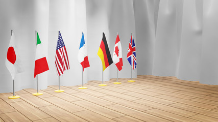Fototapeta na wymiar G7 summit or meeting concept. Row from flags of members of G7 group of seven and list of countries, 3d illustration