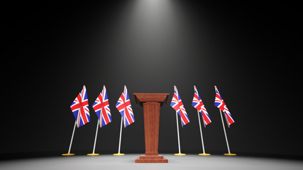 Press conference of premier minister of Great Britain concept, Politics of Great Britain. Podium speaker tribune with Canada flags and coat arms. 3d rendering