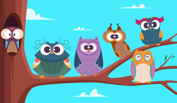 Owls branches. Cute funny group of wild baby birds sitting on branches tree big expression cartoon eye vector background. Owl bird animal, cute cartoon wild happy illustration