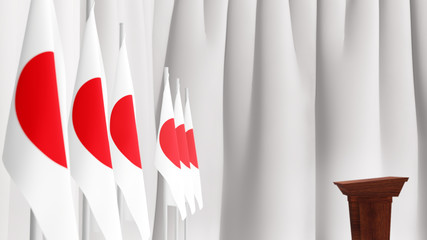 Press conference of premier minister of Japan concept, Politics of Japan. Podium speaker tribune with Canada flags and coat arms. 3d rendering