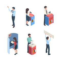 Vote isometric. Political people speakers reporter voting campaign politic choice vector character. Isometric voting character, public campaign, candidate politician speech illustration - obrazy, fototapety, plakaty