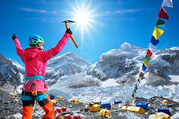 Climber in the Everest base camp enjoying the landscape view, Nepal.