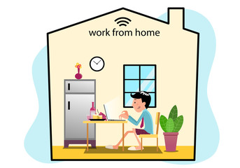 man sitting to work at home with food and snack behind laptop. concept quarantine from virus at home.
flat vector illustration.
another side of work from home concept.