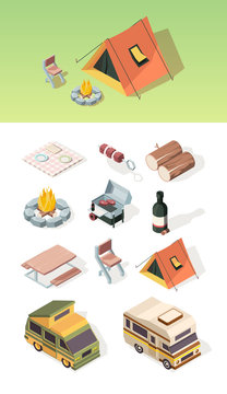 Barbecue isometric. Picnic table bbq steak camper van product party on nature fire and tent vector pictures set. Illustration isometric barbecue and picnic elements