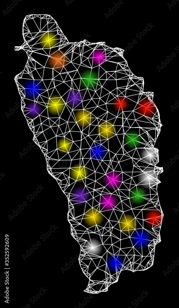 Poster web mesh vector map of dominica island with glare effect on a black background. abstract lines, ligh