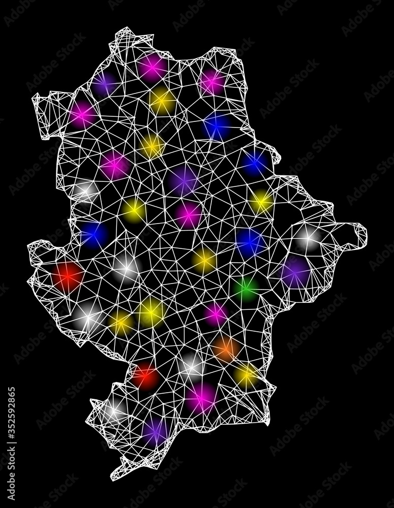 Poster web mesh vector map of donetsk republic with glare effect on a black background. abstract lines, lig