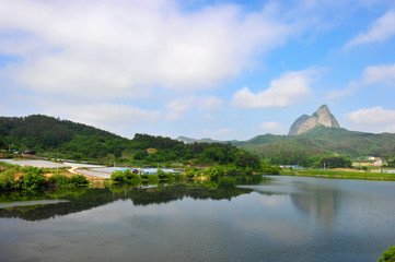 Fototapeta premium Beautiful Landscape of the Maisan Mountain from Banwol-ri in Jinan-gun, South Korea.
