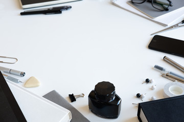 Office desk table with supplies. Flat lay Business workplace and objects. Place for text