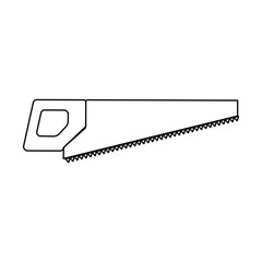 A sharp construction black and white icon of a hand saw, a hacksaw with teeth and a handle for cutting wood. Construction tool. Vector illustration on white background