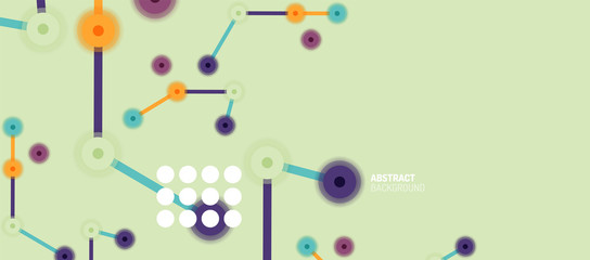 Flat style geometric abstract background, round dots or circle connections on color background. Technology network concept.