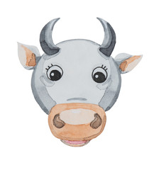 Watercolor illustration of a funny cartoon cow with black spots isolated on white background for new year