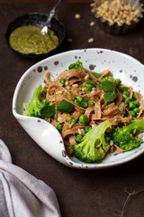 tagliatelle with pesto, green peas and broccoli