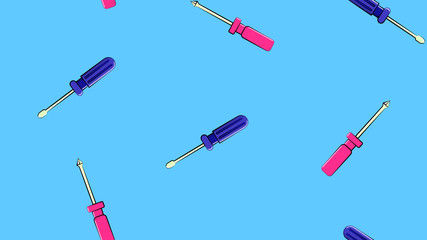 Texture, seamless abstract pattern of metal construction blue and pink plastic screwdrivers for repair, tool on blue background. Vector illustration
