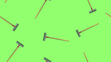 Texture, seamless abstract pattern of building garden metal wooden rake with barbs for repair, grass and foliage harvesting tool on green grass background. Vector illustration