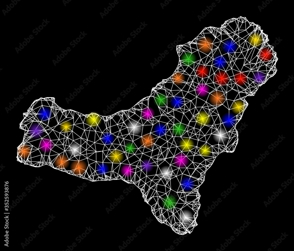 Poster web mesh vector map of el hierro island with glare effect on a black background. abstract lines, lig