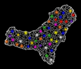 Web mesh vector map of El Hierro Island with glare effect on a black background. Abstract lines, light spots and dots form map of El Hierro Island constellation.