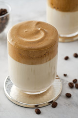 Dalgona coffee or whipped instant coffee. Dalgon coffee is a trendy drink from Korea. New popular food and drink trend.