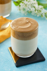 Dalgona coffee or whipped instant coffee. Dalgon coffee is a trendy drink from Korea. New popular food and drink trend.