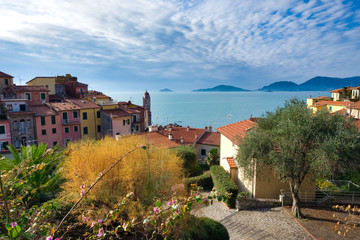 Fototapeta na wymiar Panorama on the village of Tellaro with the gulf of La Spezia in the background Liguria Italy