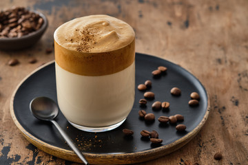 Dalgona coffee or whipped instant coffee. Dalgon coffee is a trendy drink from Korea. New popular food and drink trend.