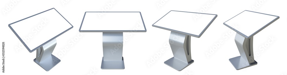 Poster silver metallic interactive information terminal. set of various views of a touch screen kiosk stand