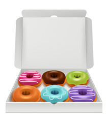 Donuts realistic. Bakery delicious tasty food donuts in package colorful pastry glazy products vector illustration. Package donut glazy, food tasty sweet © ONYXprj